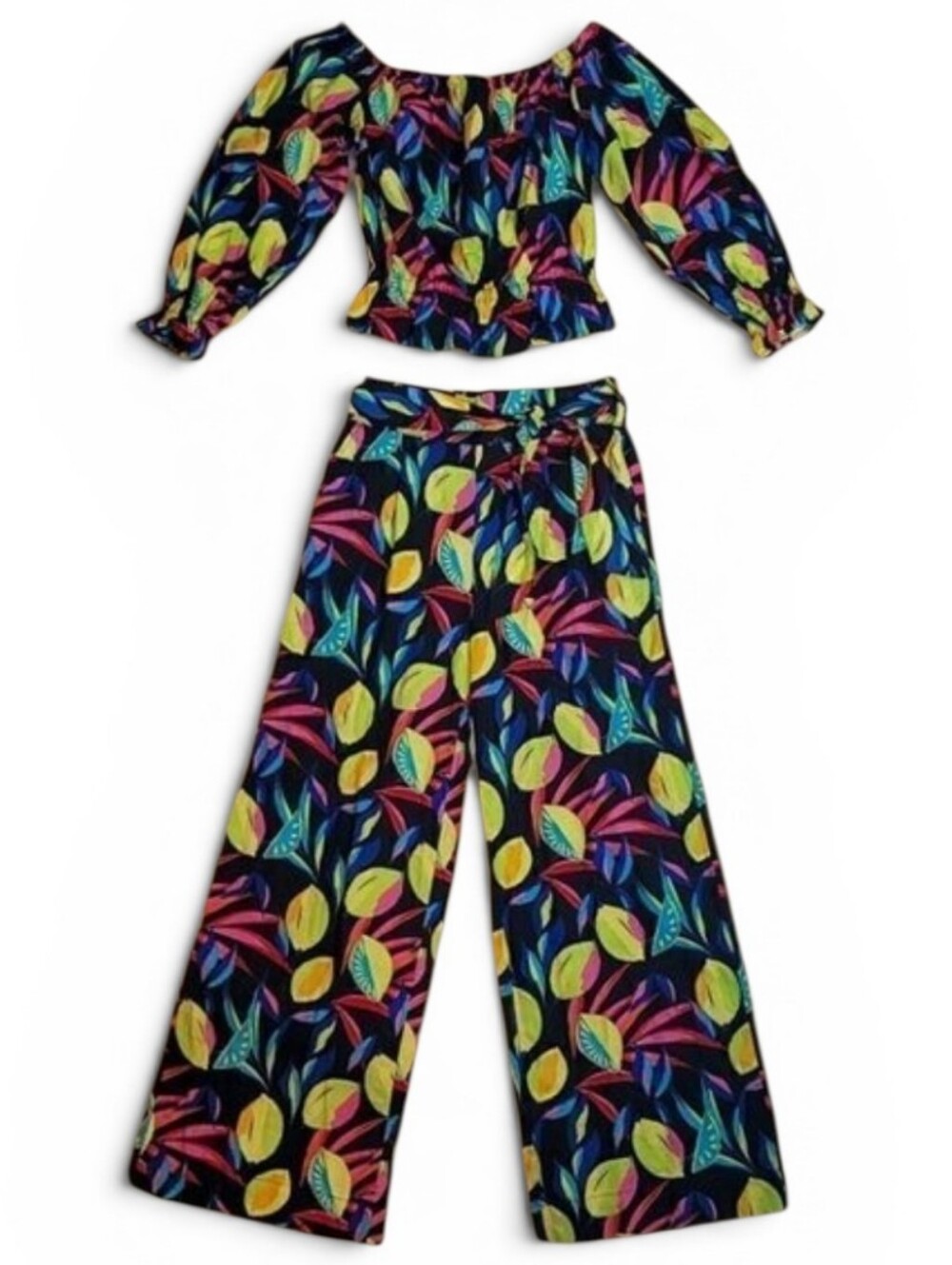 Tabitha Brown X Target Linen Blend 2-Piece Lemon Print Bardot and Wide Leg Pant